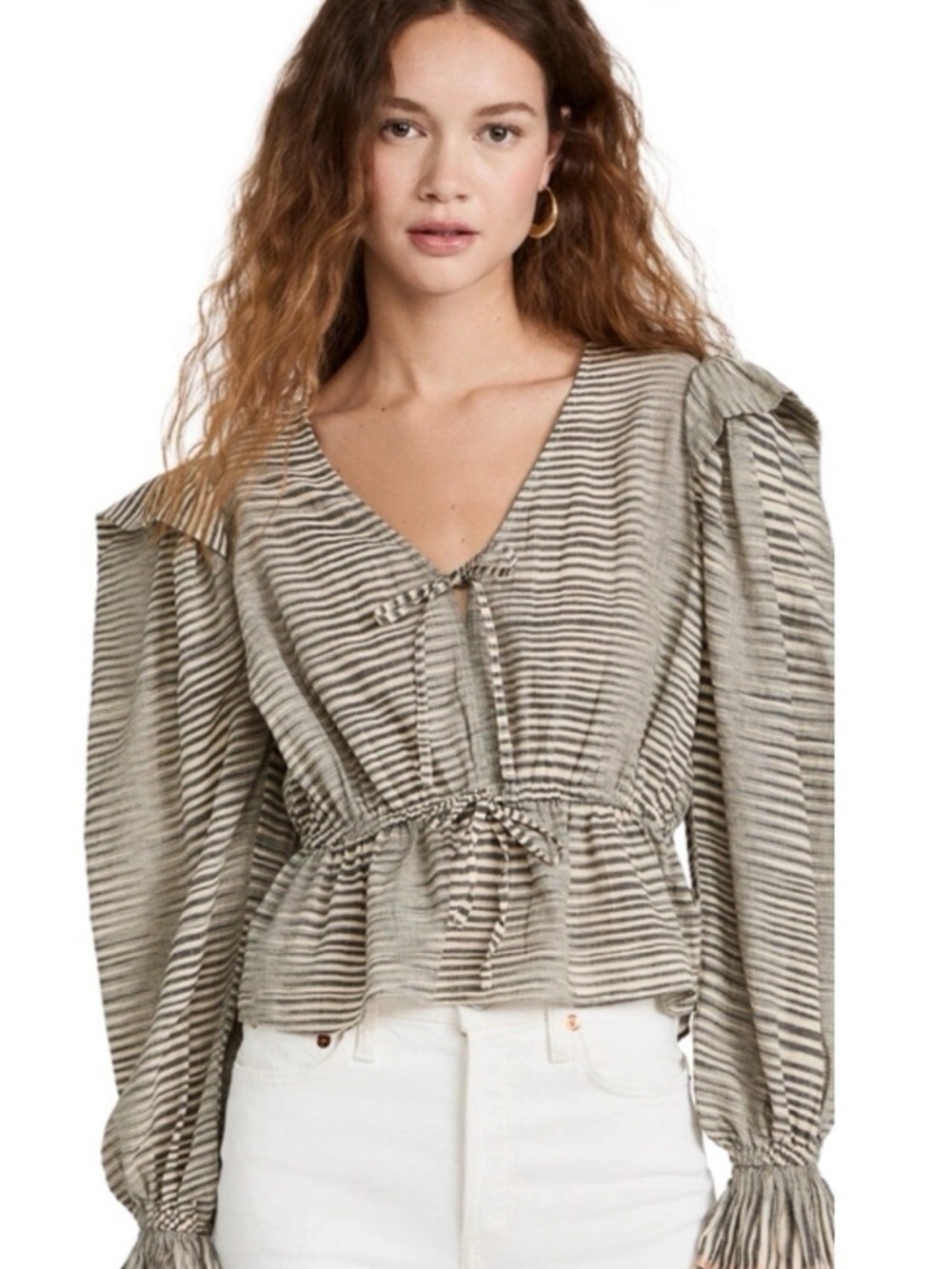 Ulla Johnson Ophelia Striped V-Neck Peplum Blouse